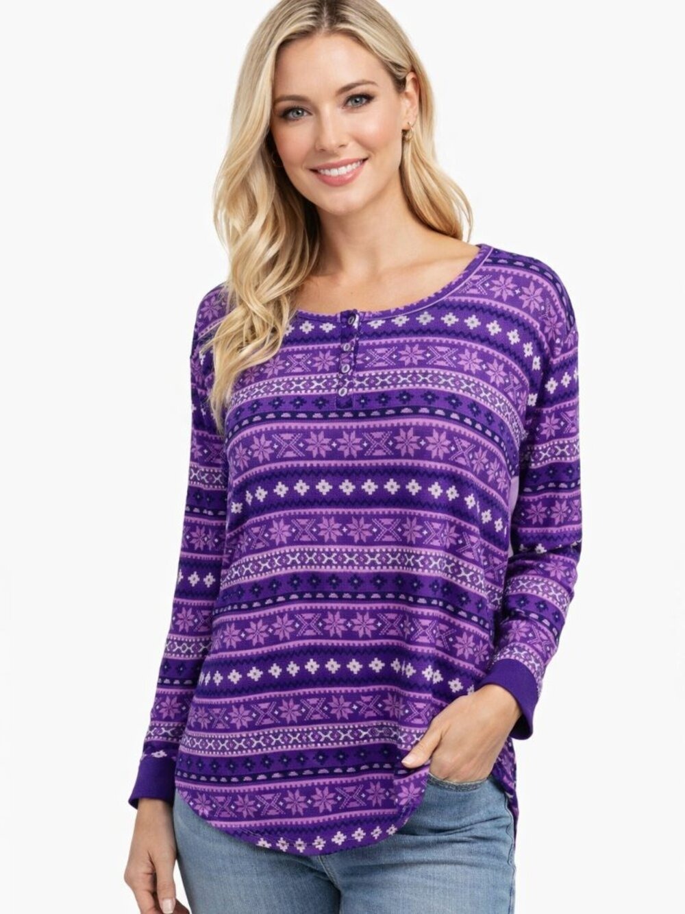 Muk Luks Purple & White Print Long Sleeve Pajama Sleep Top Women’s 1X